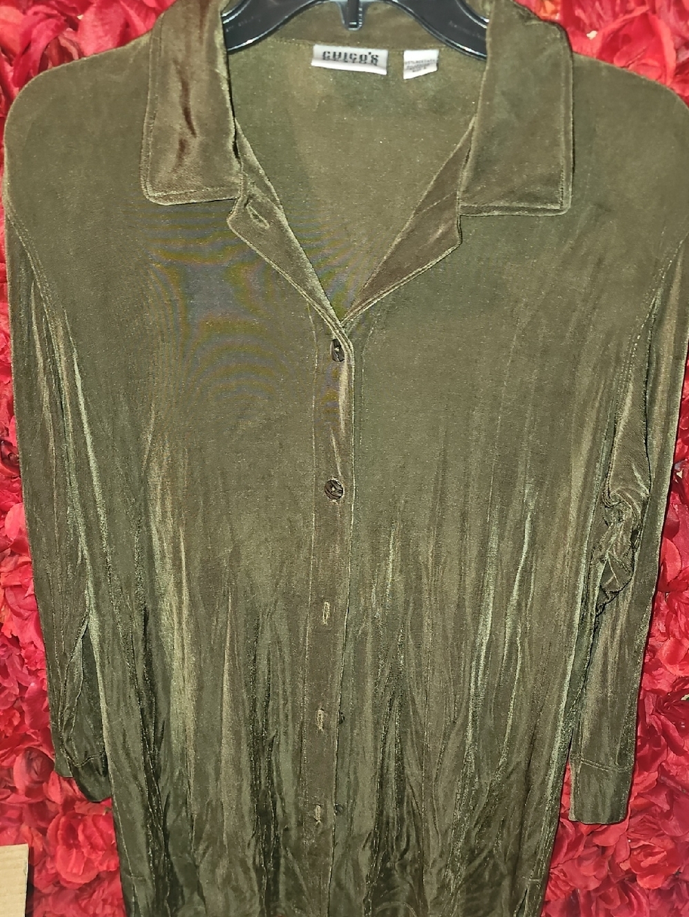 Chico's Design Olive Green Button-Up Mini Dress/Shirt Acetate & Spandex Sz. 2 Lg